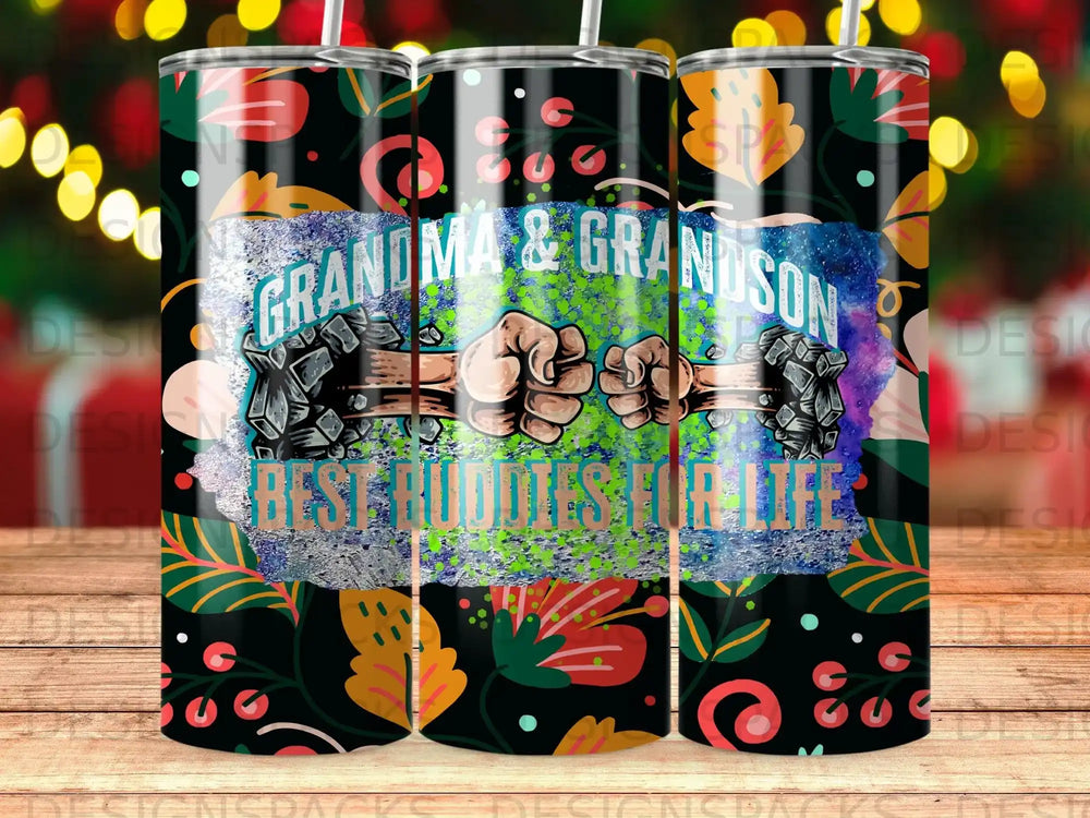 "Grandma & Grandson Best Buddies For Life" tumbler with colorful floral and confetti pattern.