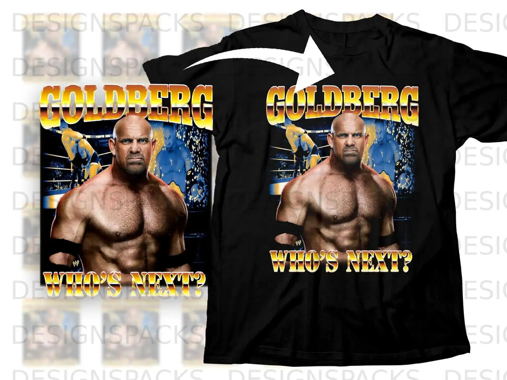 Black t-shirt featuring wrestler Goldberg and "Who's Next?" text.