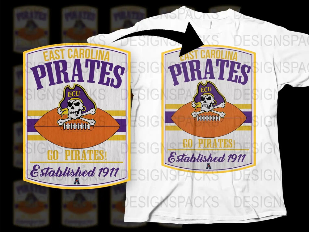 East Carolina Pirates T-Shirt, Vintage Sports Tee, College Football Apparel, ECU Skull Graphic, Purple and Orange