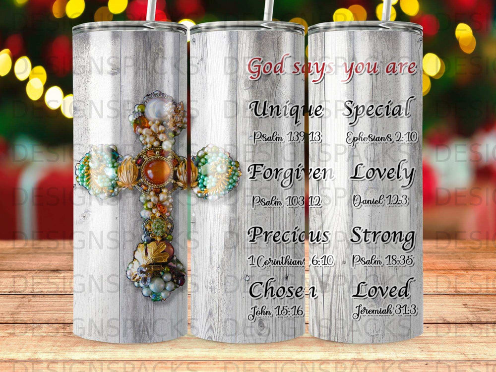 Cross with scripture verses: God says you are unique, special, forgiven, lovely, precious, strong, chosen, loved.
