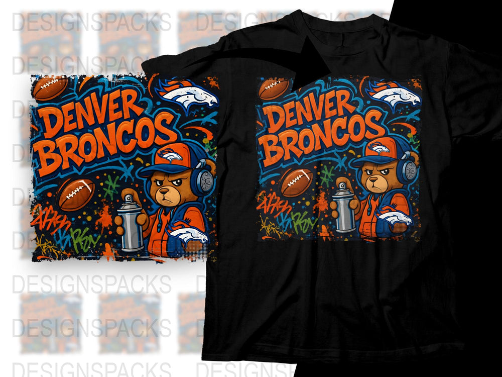 Denver Broncos Themed T-Shirt, Orange Blue Cartoon Bear Graphic, Football Fan Apparel, Adult Sizes Available