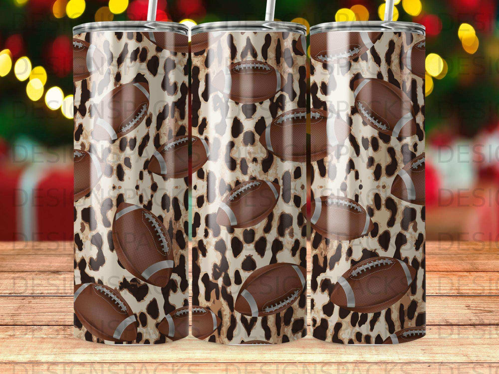 Tumbler with leopard print and football pattern.