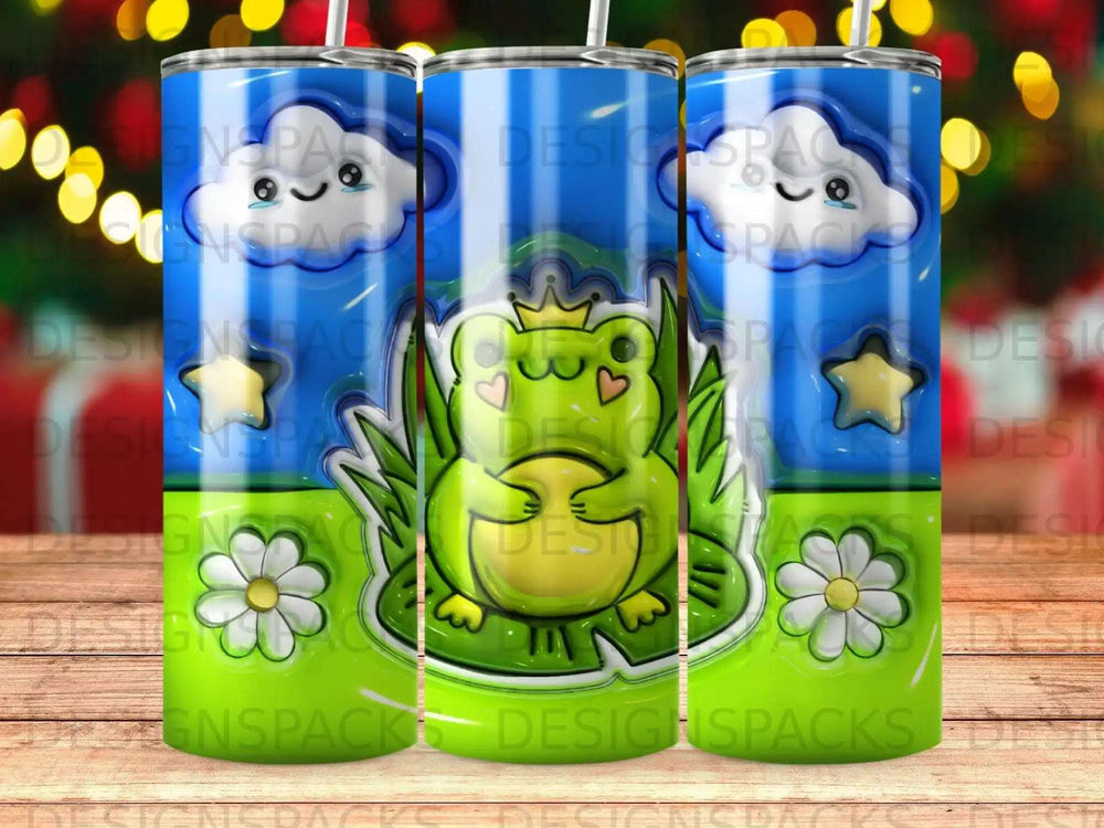 Cartoon frog wearing a crown sits on a lily pad with clouds and stars.
