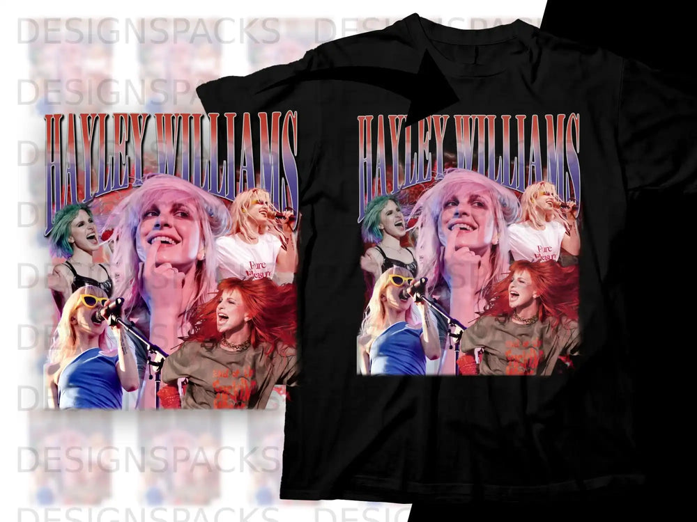 Hayley Williams collage with text "Pure Pleasure" on a black t-shirt.