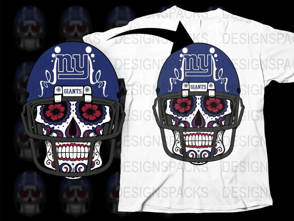 Sugar Skull Football Helmet T-Shirt, NY Giants Fan Art, Dia de los Muertos Style Tee