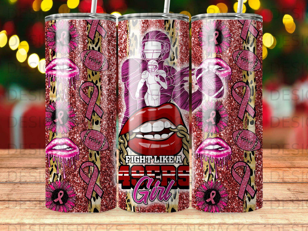 Tumbler with football, lips, and leopard print, featuring "Fight Like A Girl" text.