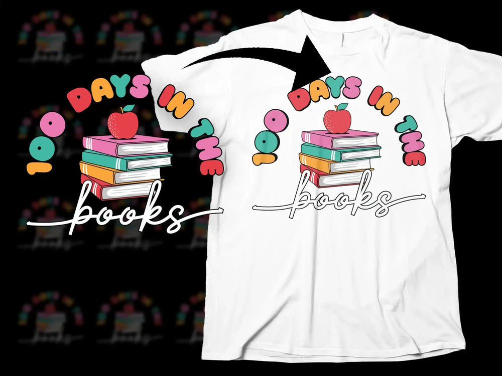 100 Days In The Books T-Shirt, Colorful Stack of Books Graphic Tee, Teacher Apparel, School Celebration Shirt, Unisex Fit