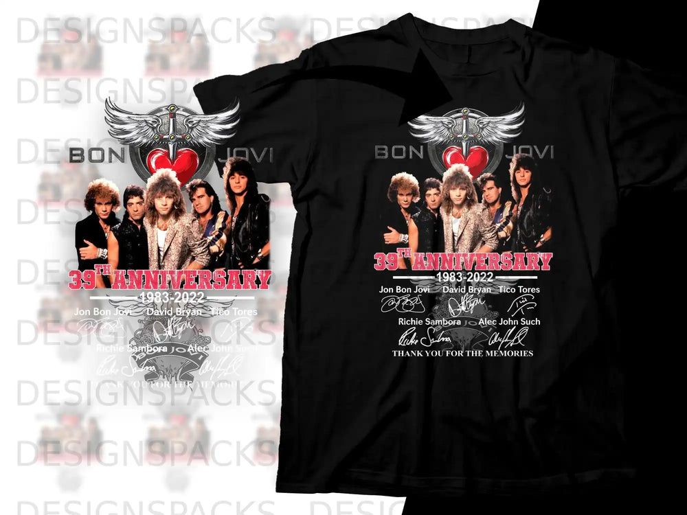 Bon Jovi 39th Anniversary t-shirt with band members and signatures.