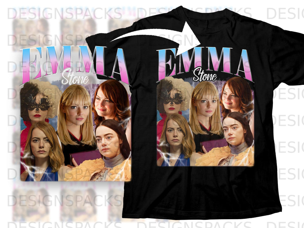 Emma Stone collage featuring multiple portraits and the text "EMMA Stone" on black t-shirt.