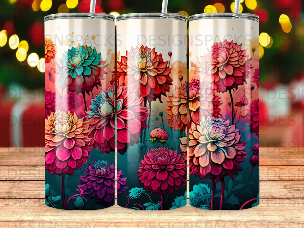 Three tumblers with a colorful dahlia floral pattern on a wooden surface.