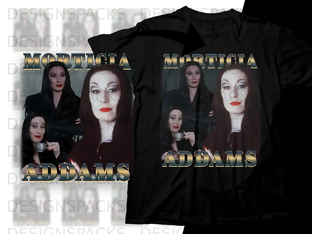 Morticia Addams from The Addams Family on a t-shirt graphic.