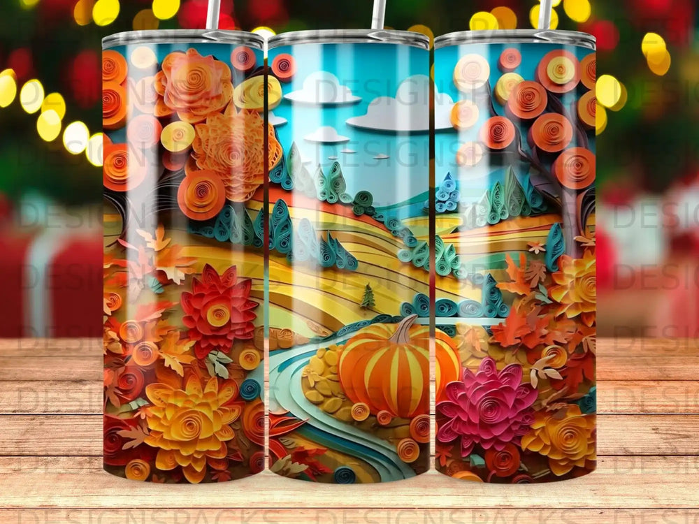 Autumn landscape with paper quilled pumpkins, flowers, and rolling hills.
