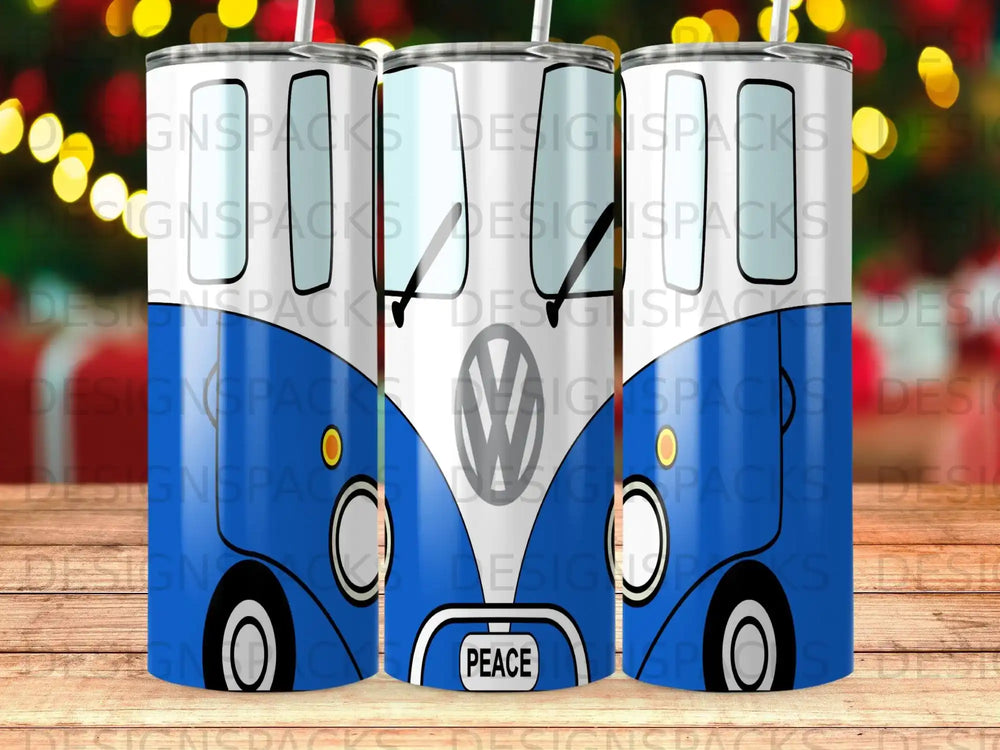Blue and white Volkswagen bus with "PEACE" text on a tumbler.
