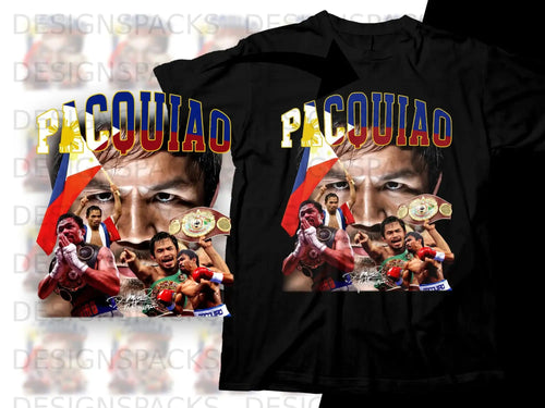 Manny Pacquiao t-shirt with images of him holding championship belts.