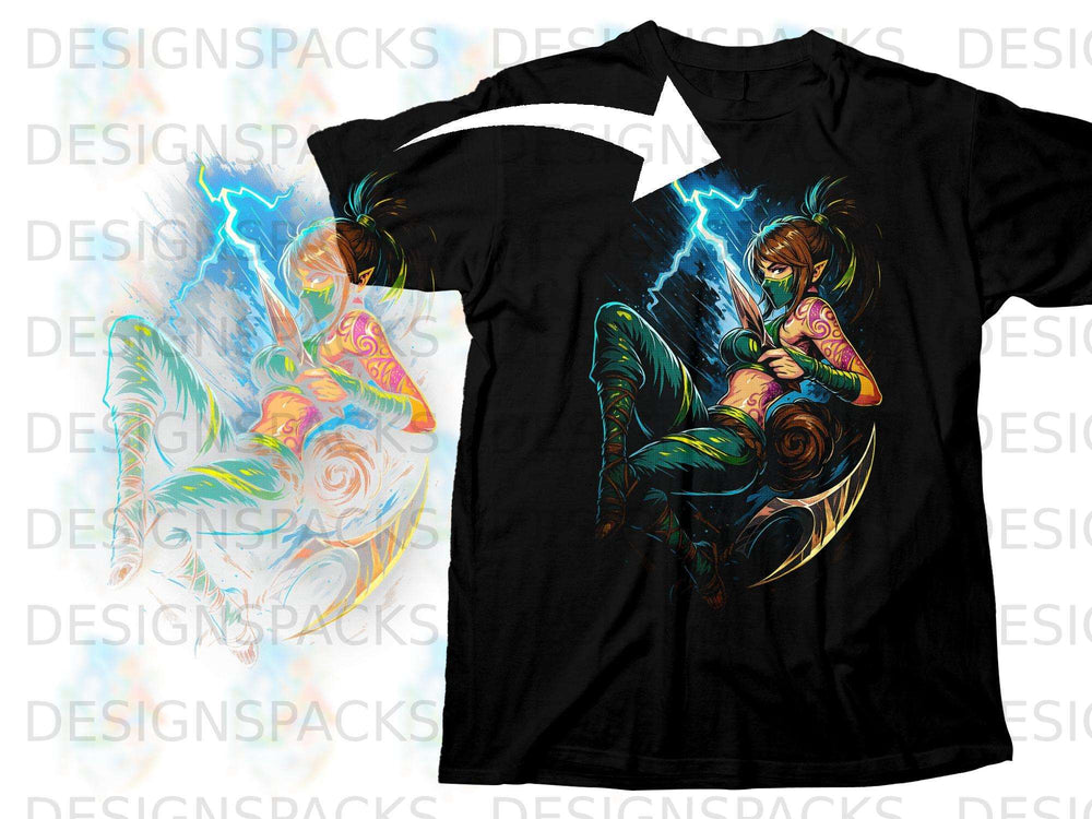 Black t-shirt featuring a female warrior with a sword and lightning bolts.
