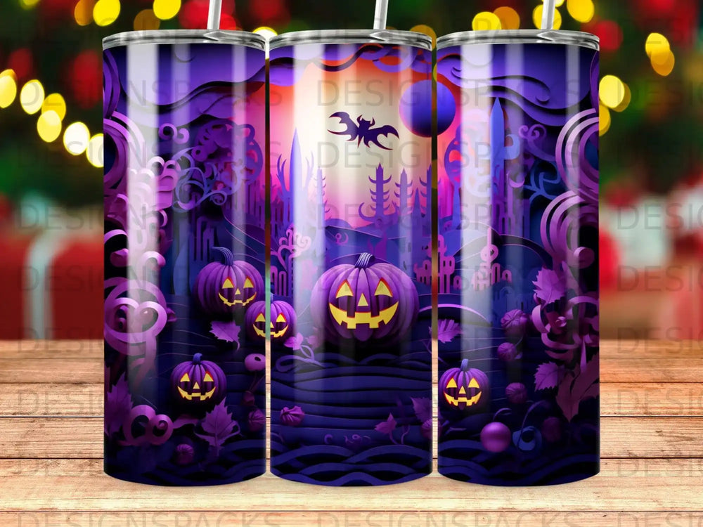 Purple Halloween tumbler with jack-o'-lanterns and spooky forest scene.