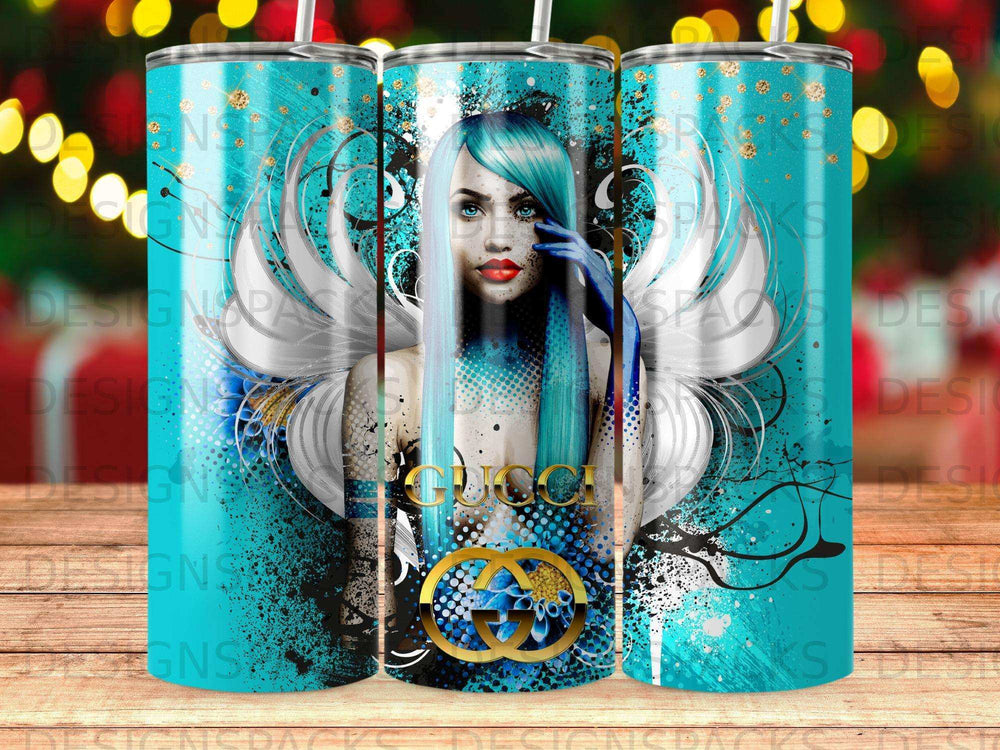 Blue tumbler with graphic of woman with blue hair and Gucci logo.