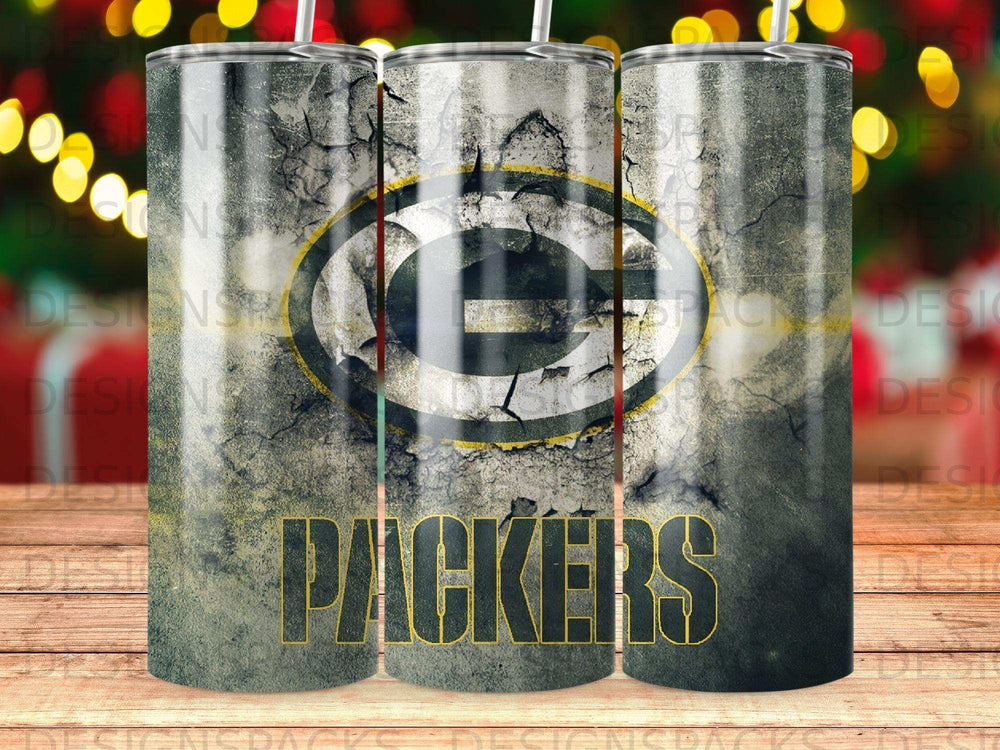Green Bay Packers logo on distressed tumbler with yellow lettering.