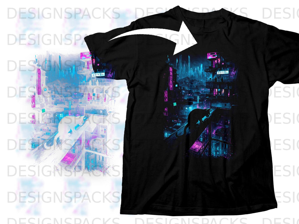 Black t-shirt with cyberpunk city scene featuring a cat.