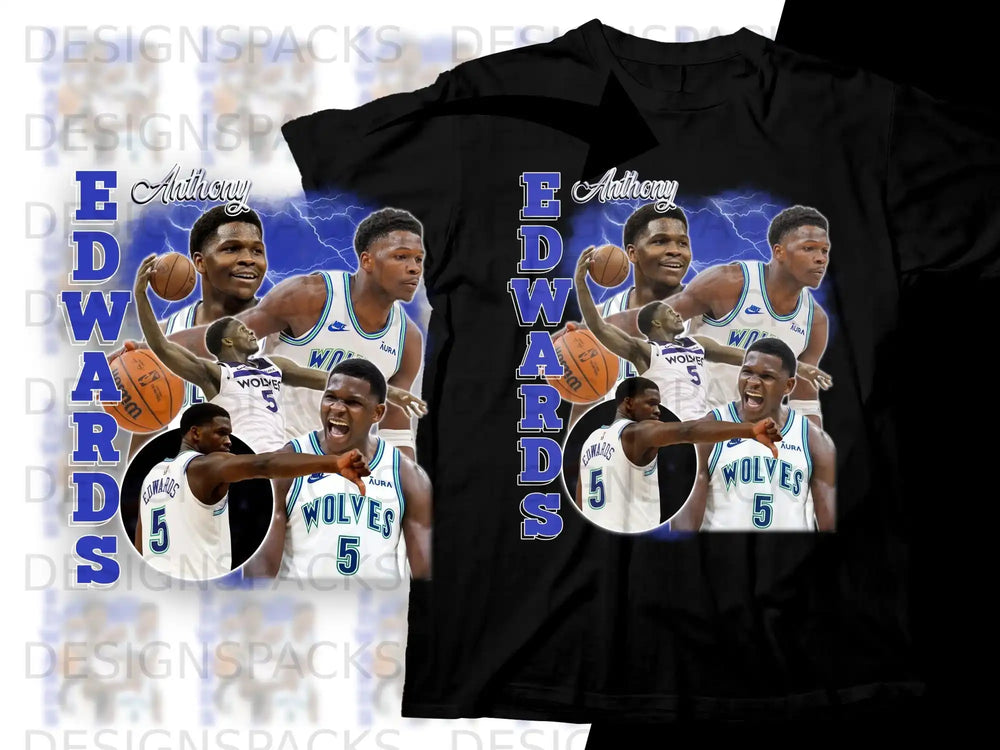 Anthony Edwards in a Wolves jersey, depicted in a collage with lightning accents.