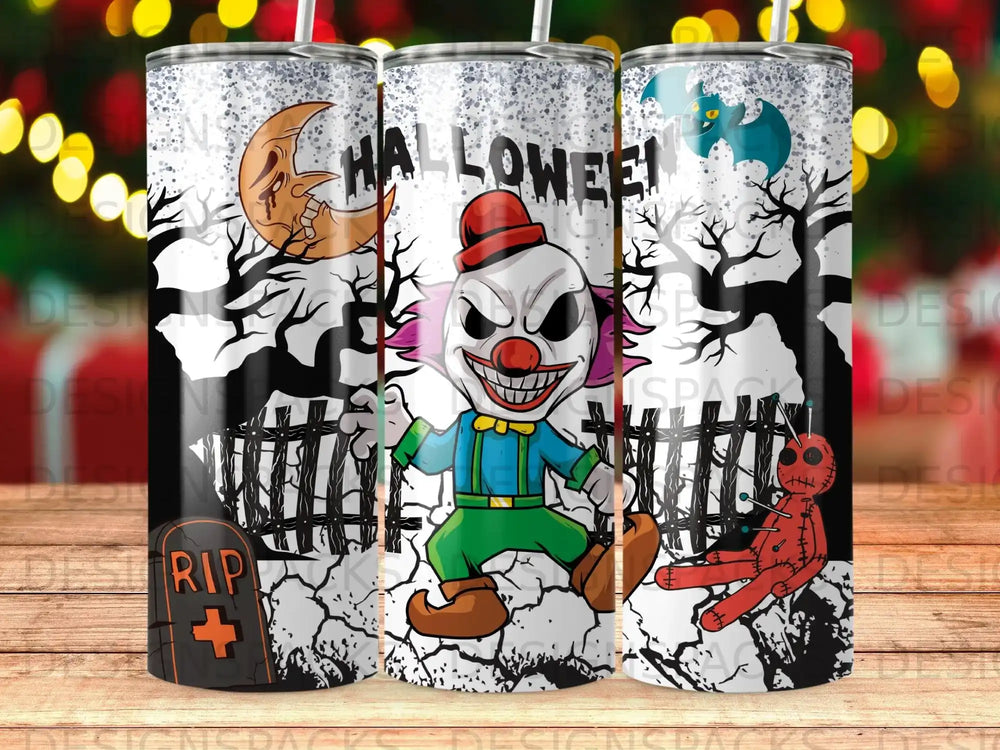 Clown and voodoo doll on spooky graveyard background with Halloween text.