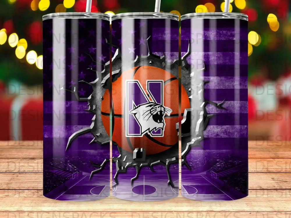 Purple and white basketball with tiger mascot breaking through American flag background.