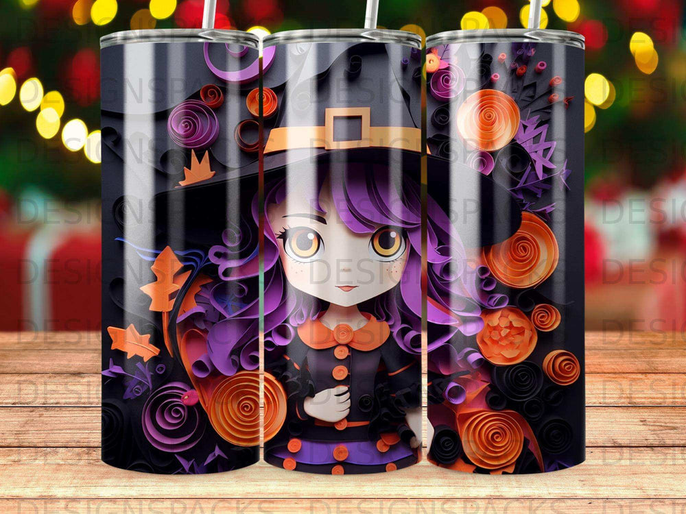 Cartoon witch with purple hair and orange accents on a black background.