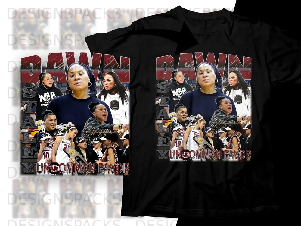T-shirt with "DAWN" and "UNCOMMON FAVOR" text and basketball player images.