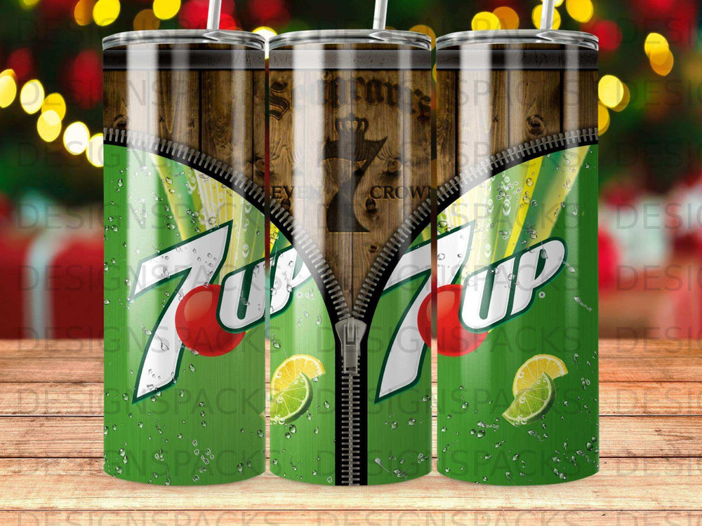 7UP zipper tumbler with wood grain and lime slices.