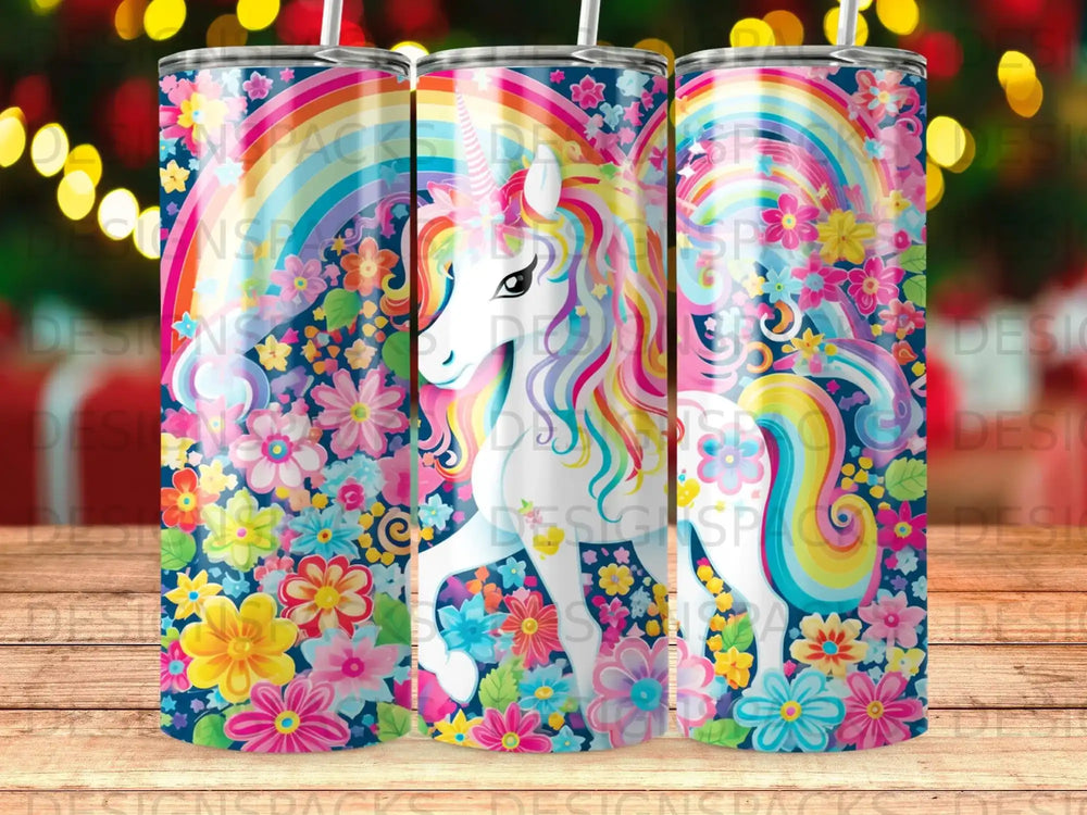Unicorn with rainbow and colorful flowers on a patterned background.