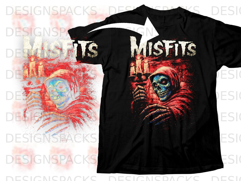 Black t-shirt featuring the Misfits logo and a grim reaper skeleton holding candles.