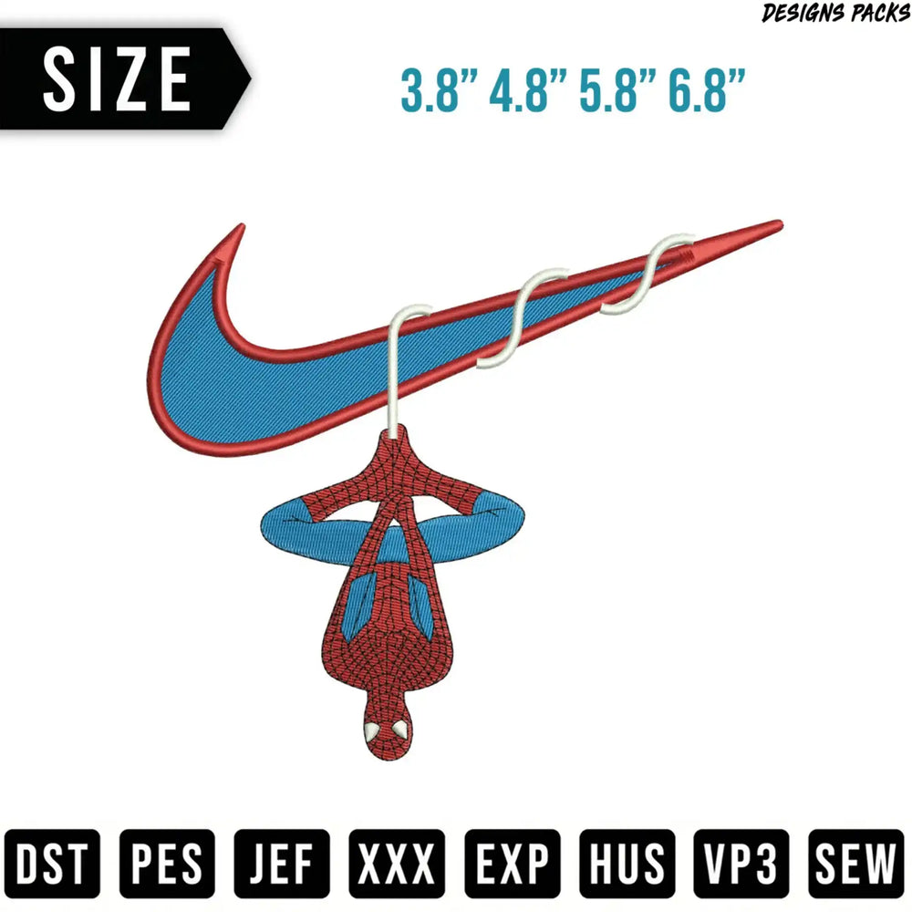 Nike logo with Spider-Man hanging upside down, available in multiple sizes.