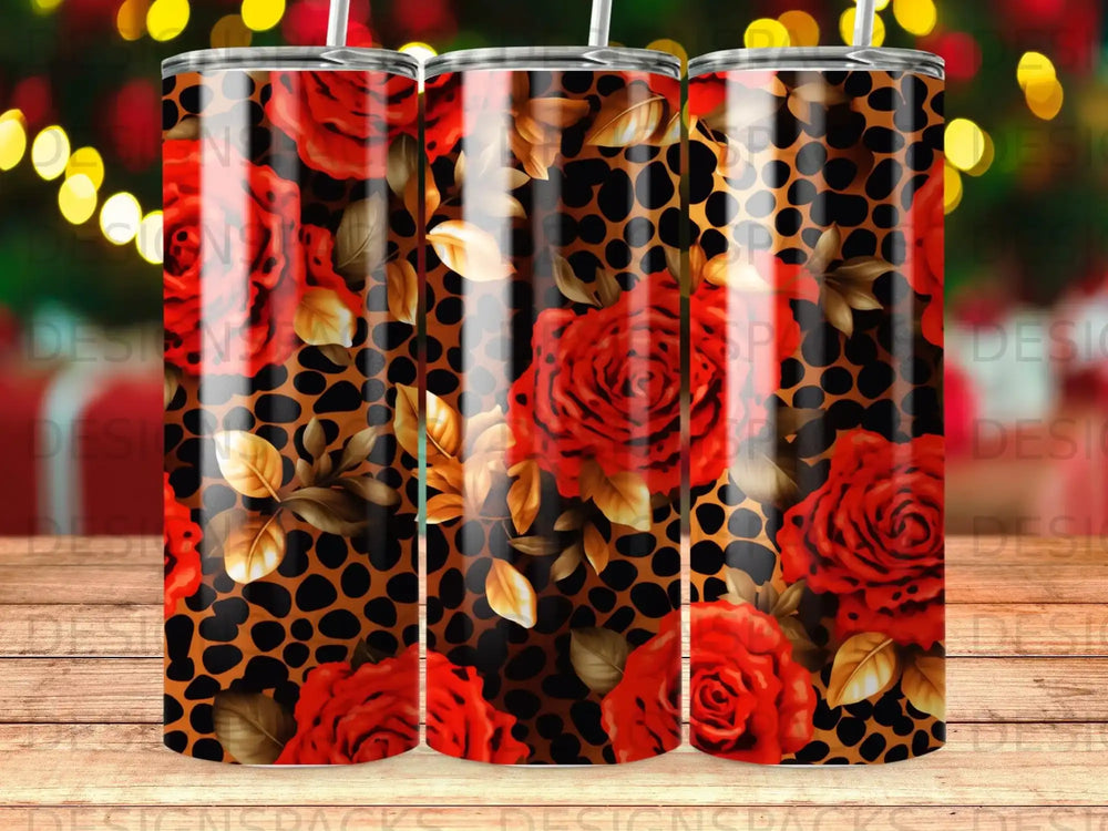 Tumbler with red roses and leopard print design.