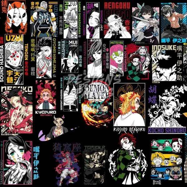 Anime character designs for DTF/DTG and embroidery, featuring Demon Slayer and other popular series
