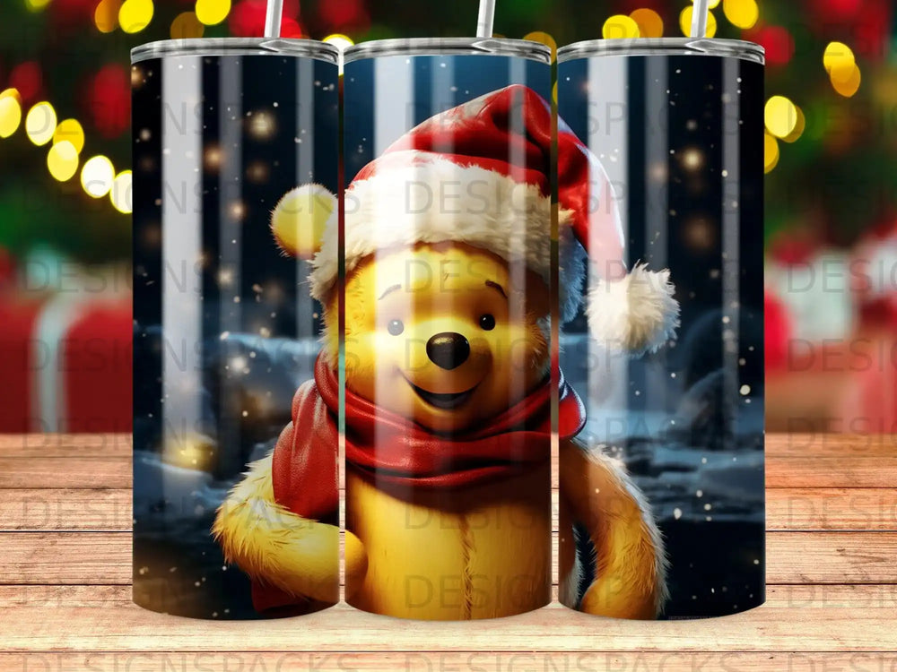 Winnie the Pooh wearing a Santa hat and red scarf in a snowy scene.