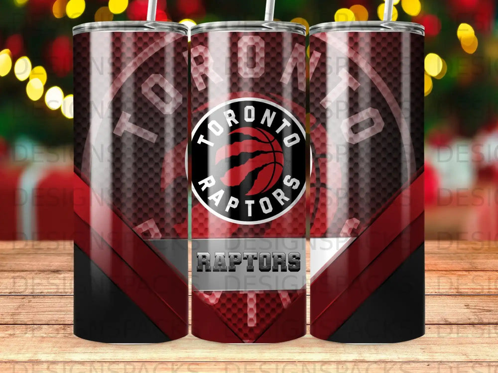 Toronto Raptors logo on a black and red patterned tumbler.