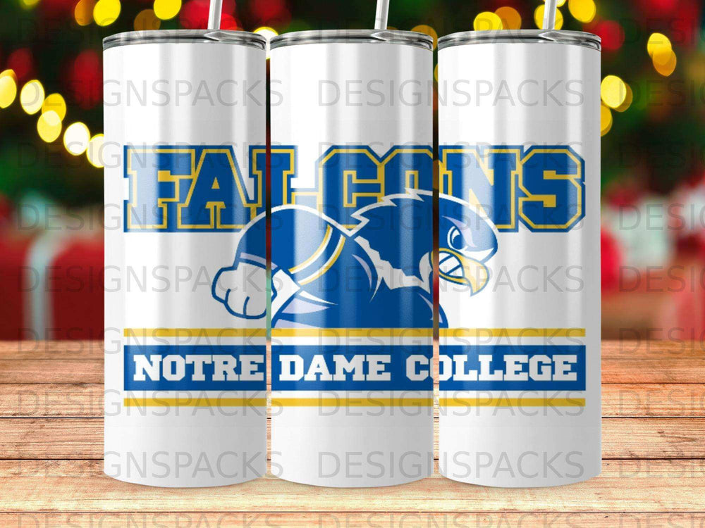 Falcons logo with "NOTRE DAME COLLEGE" text on a tumbler.