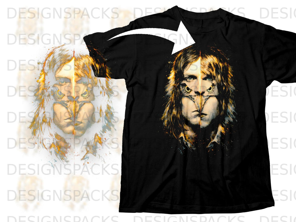 Black t-shirt with a split face and owl graphic.