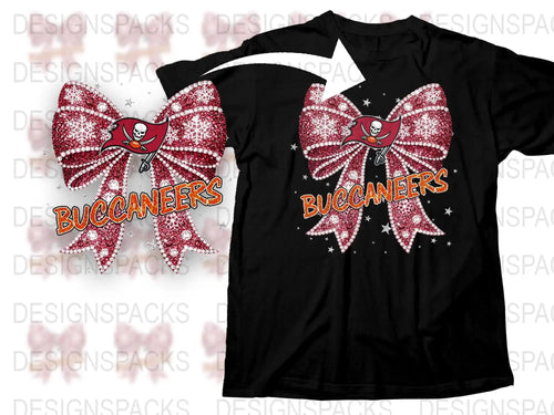 Tampa Bay Buccaneers Inspired Glitter Bow T-Shirt, Red and Black Sparkle, Women’s Football Fan Apparel, Sports Tee