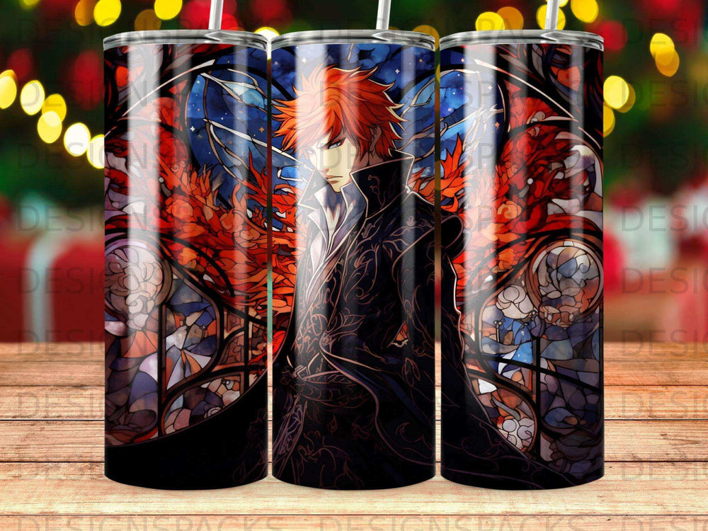 Anime man with red hair and dark coat against stained glass background.