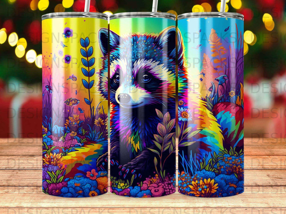 Vibrant raccoon illustration with colorful flowers and plants on a white background.