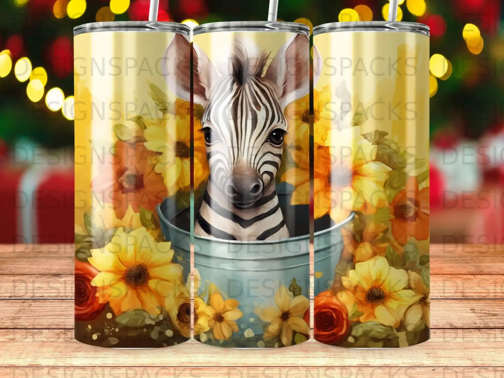 Zebra in bucket with sunflowers and red flowers, on tumbler.