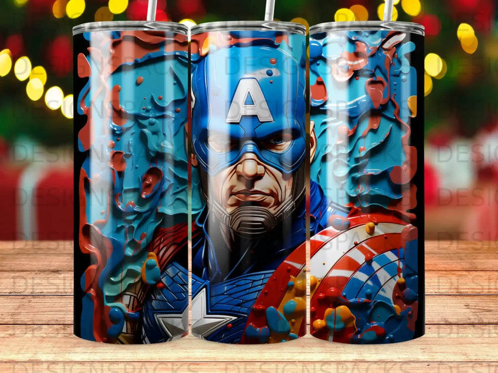 Captain America's portrait with patriotic colors and abstract splashes.