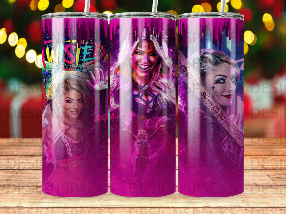Three tumblers with wrestling graphic featuring Alexa Bliss.