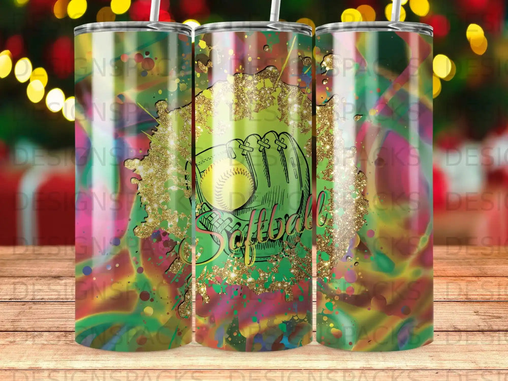 Glittering softball glove and ball with splatter paint design.