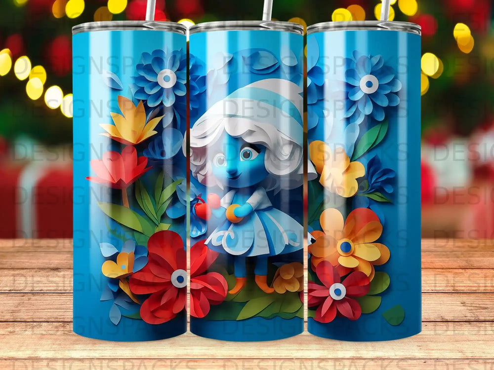 Blue Smurfette character on a tumbler with colorful paper flowers and leaves.