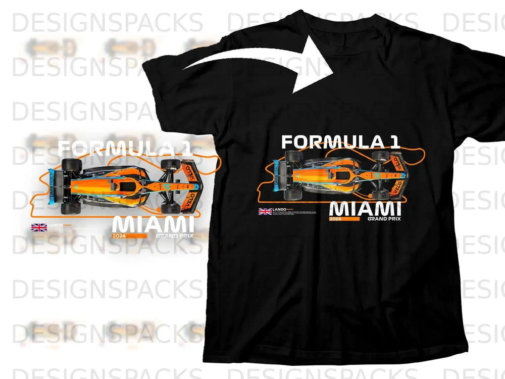 Black t-shirt featuring McLaren Formula 1 car, Lando Norris, and Miami Grand Prix 2024 graphics.