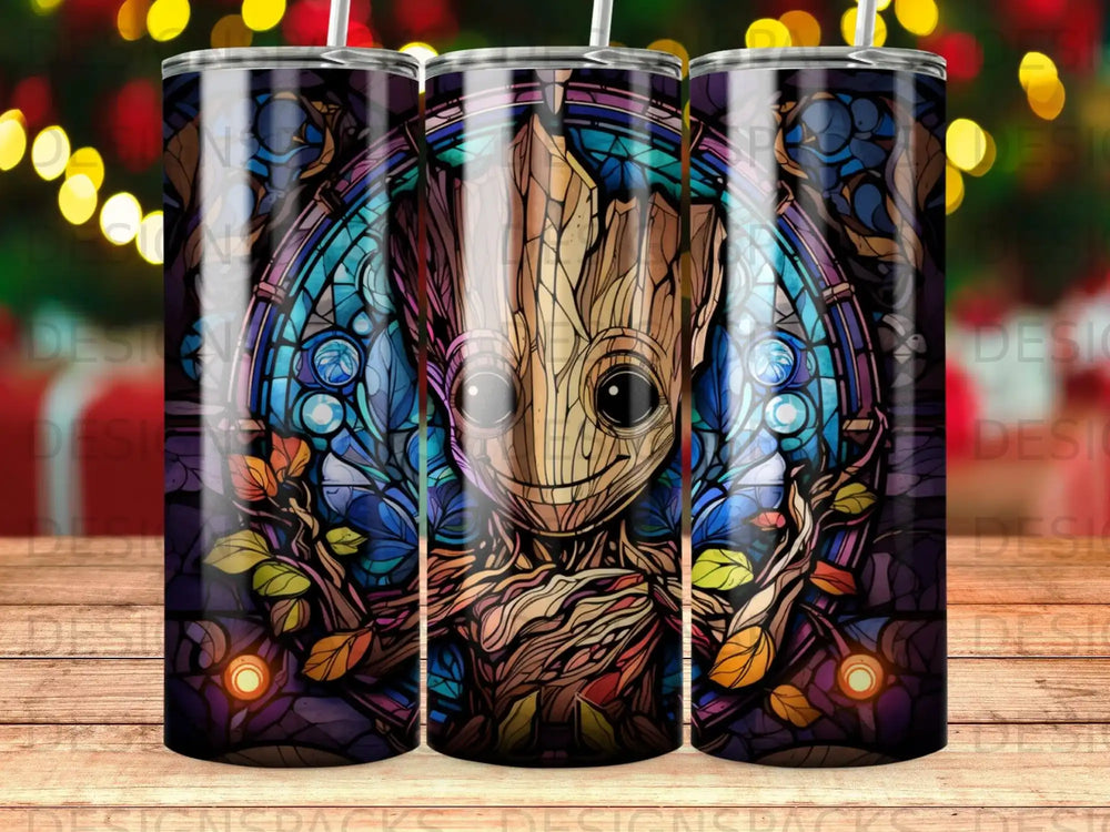 Stained glass Groot with colorful mosaic background and leafy vines.