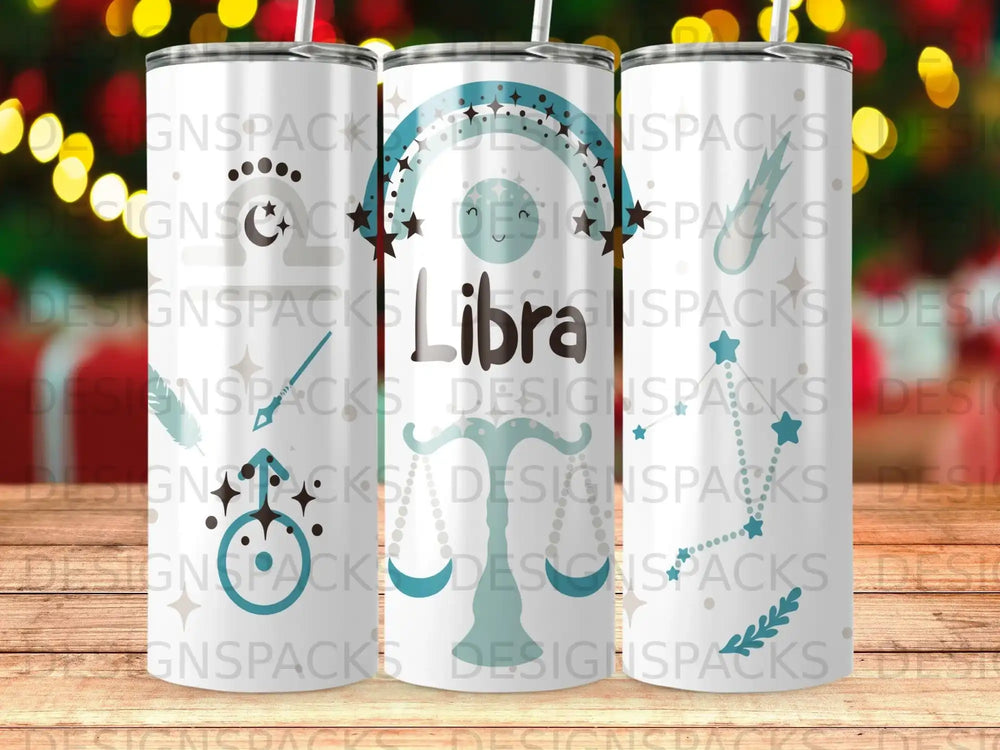 Libra zodiac constellation on a tumbler with blue and green accents.