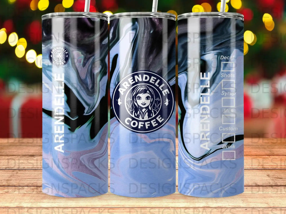 Arendelle Coffee tumbler with blue and white marbled design and coffee menu icons.
